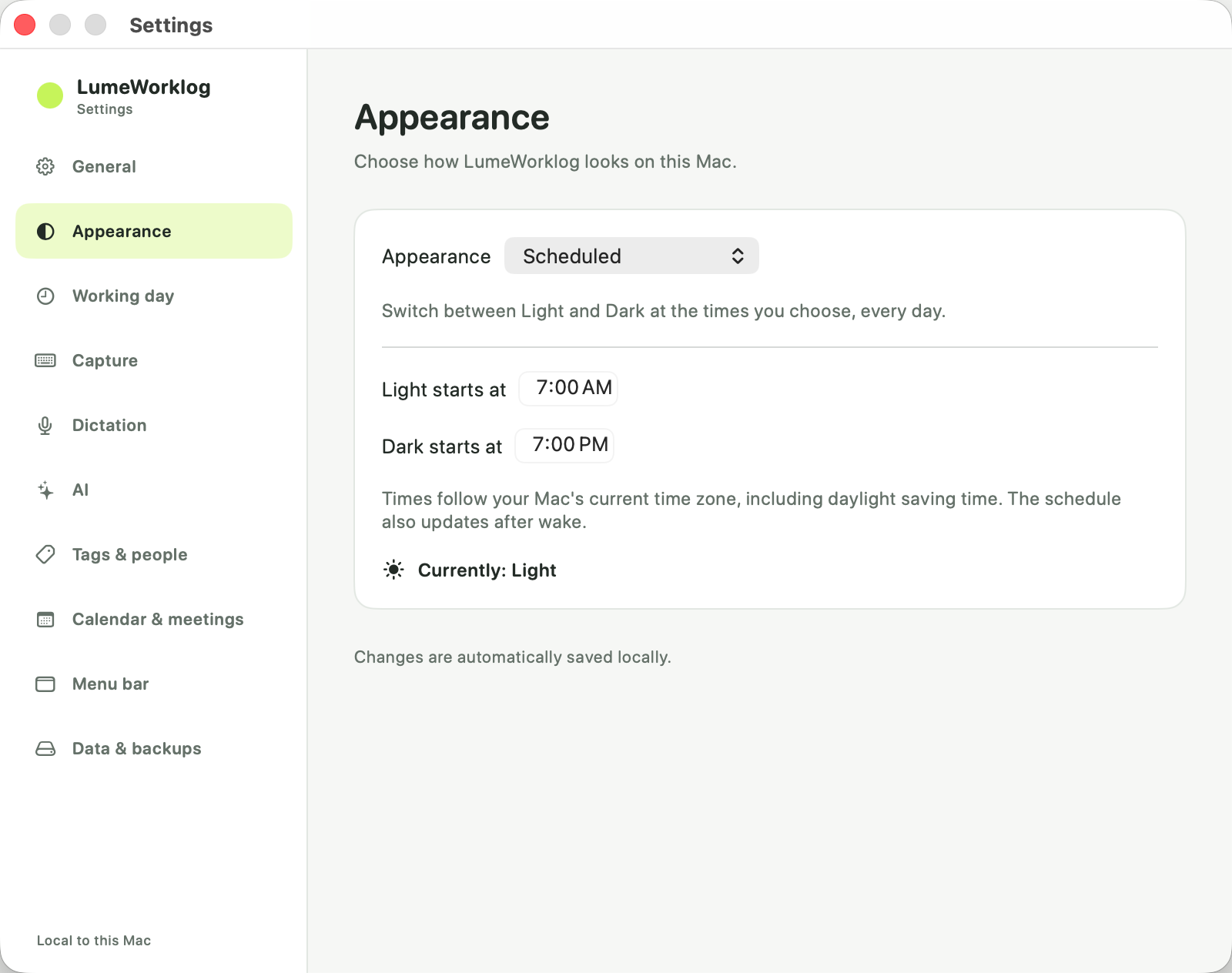 LumeWorklog Appearance settings in Light Mode, with Scheduled selected and Light starting at 7:00 AM and Dark at 7:00 PM.