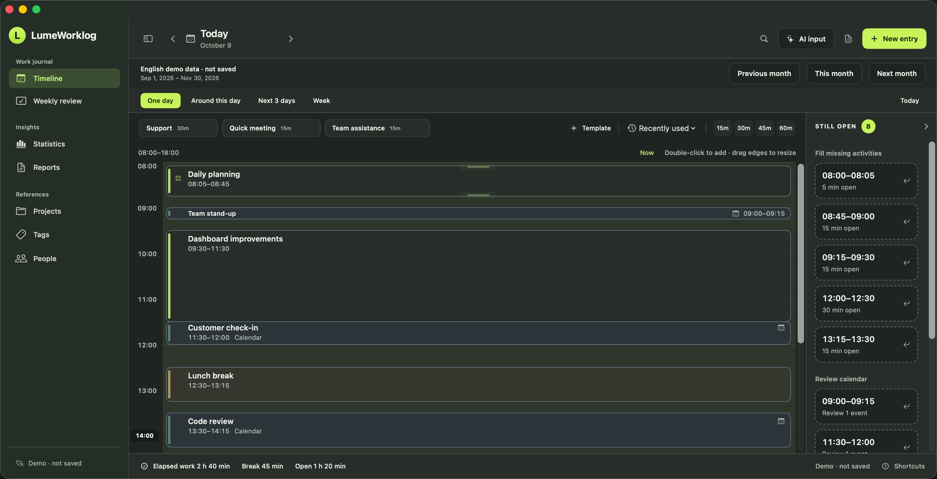 LumeWorklog daily timeline in Dark Mode with activities.