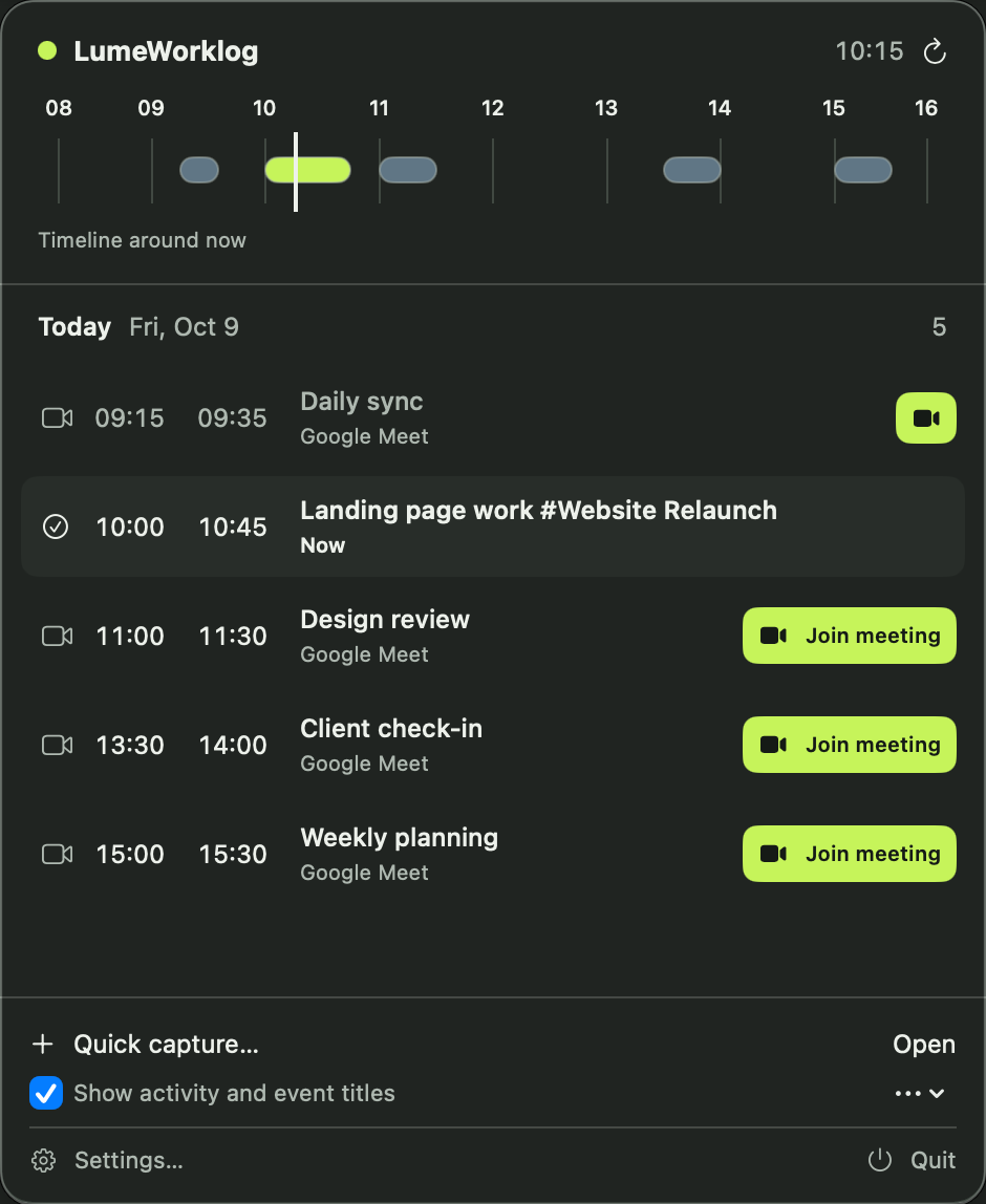 LumeWorklog menu-bar overview with five agenda entries, the current activity and Join meeting buttons for Design review, Client check-in and Weekly planning.