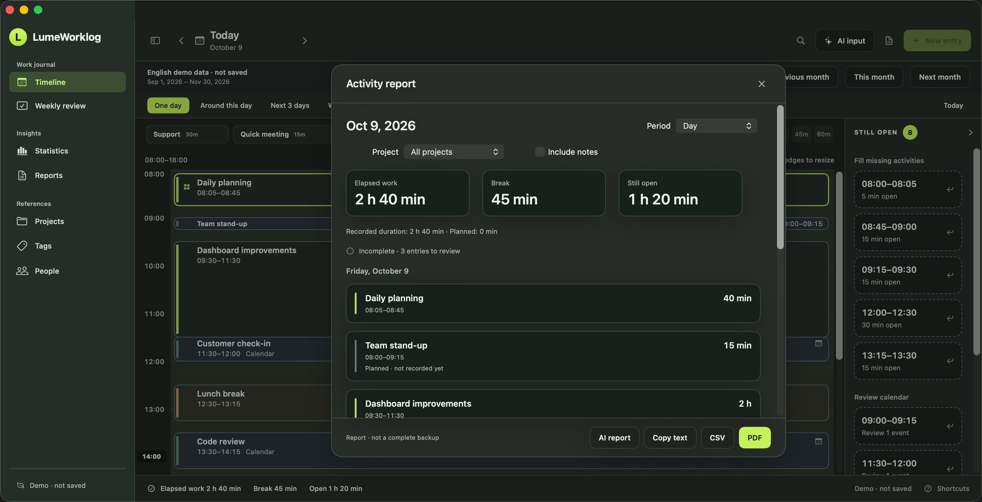 LumeWorklog Activity report in Dark Mode, with period and project selection, optional notes, and PDF and CSV export.