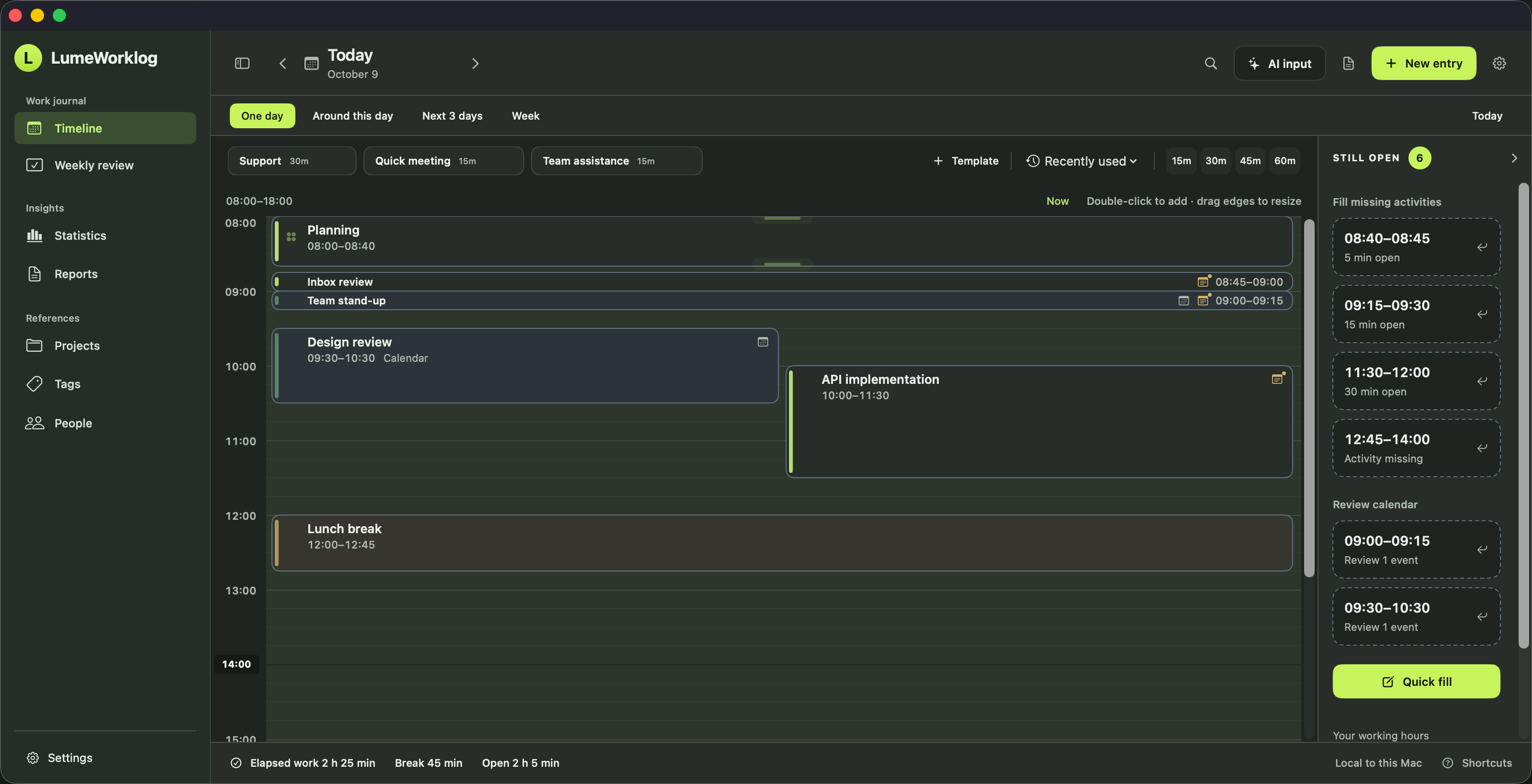 LumeWorklog timeline in Dark Mode showing work entries and local calendar copies.