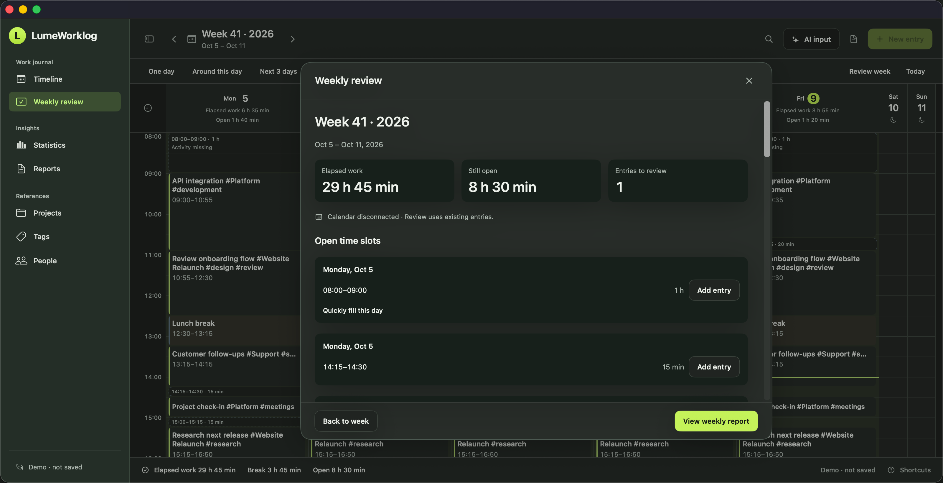 LumeWorklog Weekly review in Dark Mode, with work and open time slots.